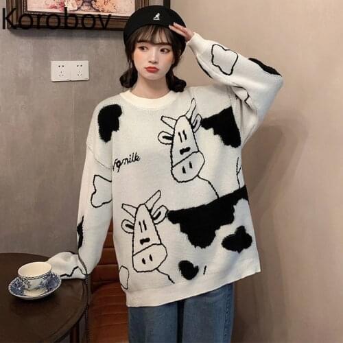 Korobov Harajuku Japanese Women Sweaters Korean Cartoon Embroidery O Neck Long Sleeve Sueter Mujer Streetwear Ulzzang Pullovers