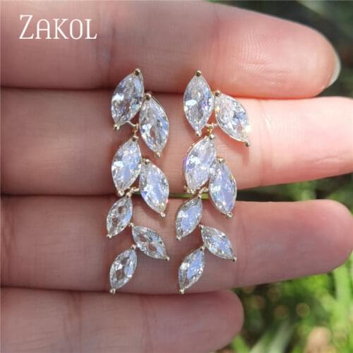 ZAKOL Fashion Marquise Cut White AAA CZ Zircon Crystal Drop Earrings Gold Color Leaf Earrings for Women Wedding Jewelry FSEP512
