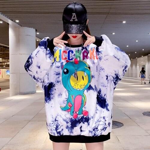 2021 Oversized Hoodie Women Spring And Autumn Dinosaur Print Long-Sleeved Pullover Loose Mid-Length Bottoming Shirt Y086