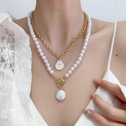 2pcs Korean Fashion Imitation Pearl Necklaces for Women Goth Metal Sequin Pendant Gold Color Chains Choker Collar Kpop Jewelry