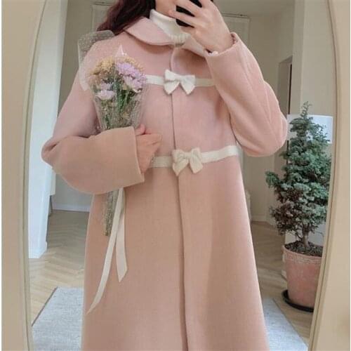 Herstory Bella Philosophy Sweet Pink Woolen Coat Female Long Bow Japanese Cute Loose Wool Blend Outwear Lolita Coat