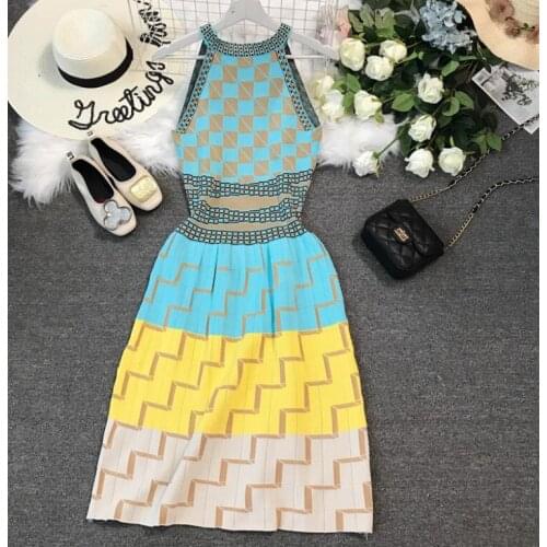 Womens spring summer halter neck geometric knitted slim casual dress female fashion elastic sleeveless chic tank dress TB120