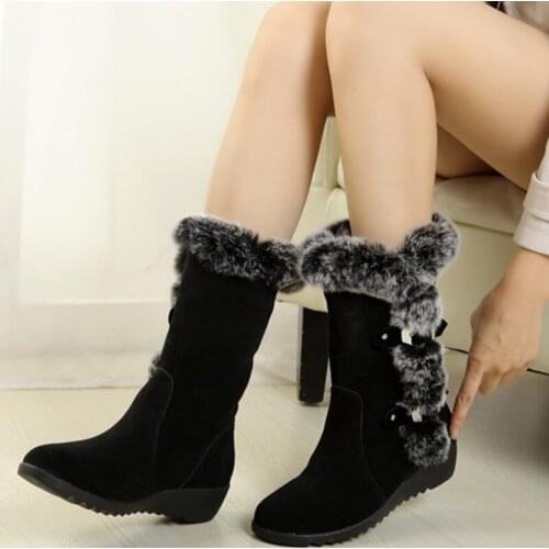 Snow Boots Women Fall/winter Plus Size Wedges With Plush Warm Cotton Shoes Women Metal Buckle Plus Velvet Mid-Tube Cotton Boots