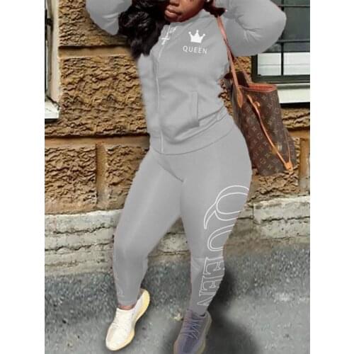 ZKYZWX Plus Size Aesthetic Letter Print 2 Piece Tracksuits Women Set Zip Long Sleeve Coat Trendy Pants Lounge Wear Matching Sets
