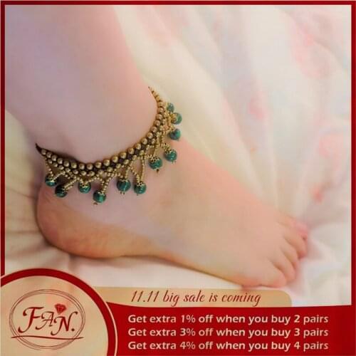2021 Trend Summer Gift Chinese Ethnic Style Green Blue Beads with Copper Bells Hand Braided Fashion Foot Anklet for Girls Women