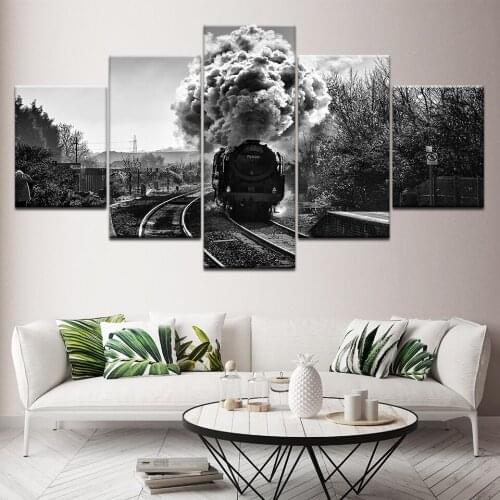5 Panel Vintage Classic Steam Train Restaurant bar decoration Picture Painting Wall Art Home Bedroom Decoration Posters Framed