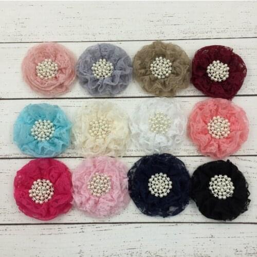 50pcs/lot 9cm 12colors Hair Clips Beaded Chiffon Flower+Pearl Rhinestone Button Shabby Lace Ruffled Fabric Flowers For Headbands