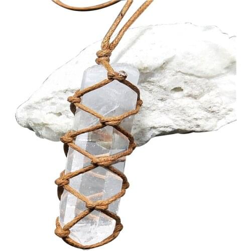 Natural Crystal Necklace Wrap Braid White Amethyst Quartz Crystal Car Decor Pendants Macrame Energy Stone Healing Necklace Gift