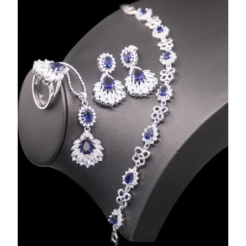 Shiny CZ Bridal Jewelry Blue Stone & Crystal Silver Color Jewelry Set Earrings Ring Necklace Bracelet Set Promotion