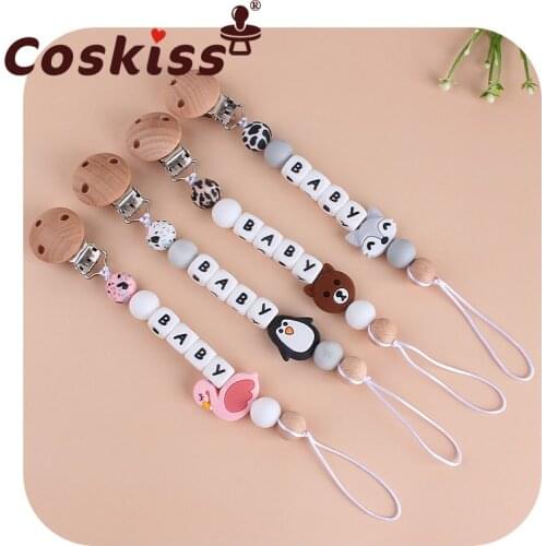 Coskiss 1pcs Pacifier Chain Mini Animals Silicone Teether Rodent Nipple Holder Personalized Alphabet Beads For Baby Gift