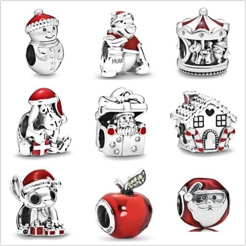 DoDoFly New Christmas Stitch Snowman Santa Hat Charm Sterling Silver 925 Womens Bead DIY Bracelet For Jewelry Making