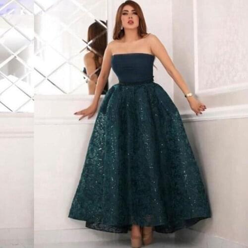 Elegant Muslim Evening Dresses Ball Gown Strapless Ankle Length Lace Dubai Saudi Arabic Long Evening Gown
