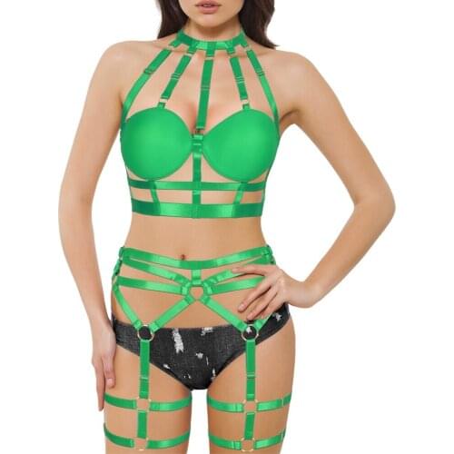 Erotic Lingerie Women Harness Bra Hollow Out Stockings Set Elastic Sexy Body Goth Body Harness Festival Rave Wear Garter Belt