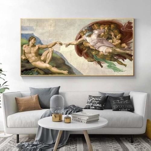 Fresco of Michelangelo Creation of Adam Oil Painting on Canvas Posters and Print Cuadros Wall Art Picture for Living Room Decor