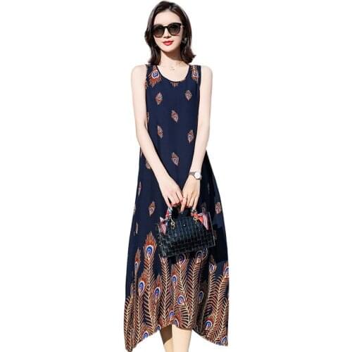 Summer Plus Size 5XL O-Neck Sleeveless Printed Dress Female Bohemian Fashion Elegant Irregular Hem Loose Casual Beach Vestidos