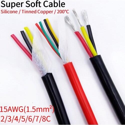 1M Sheath Wire 15AWG Silicone Rubber Super Soft 2 3 4 Cores Multi Pins Flexible Insulated Black Power Cord Signal Copper Cable