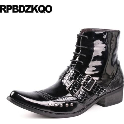Punk Black High Top Rivet Crocodile Shoes Chunky Mens Patent Leather Boots Short Pointed Toe European Booties British Style Lace