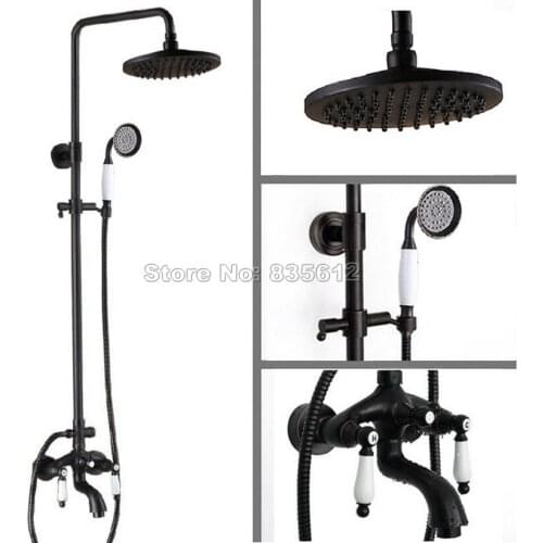Bathroom Wall Mounted Ceramic Handles Rain Shower Faucet Set with Hand Spray + Black Oil Rubbed Bronze Bathtub Mixer Taps Wrs403