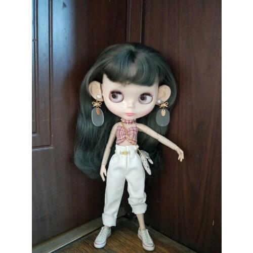 Blythes 1/6 size doll clothes cute wind joker pink plaid bow wrap top + white loose wide leg pants set 2 pieces doll accessories