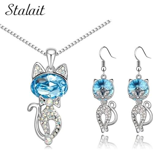 Wholesale Girl Lovely Cat Jewelry Sets Gold Color Color Kitten Shape Austrian Crystal Necklace Earrings Free Shipping 80144