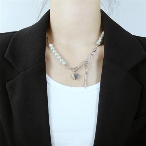 Stainless Steel Color Artificial Pearl Necklace For Women Set Zircon Heart Pendant Korean Fashion Necklace Jewelry On The Neck