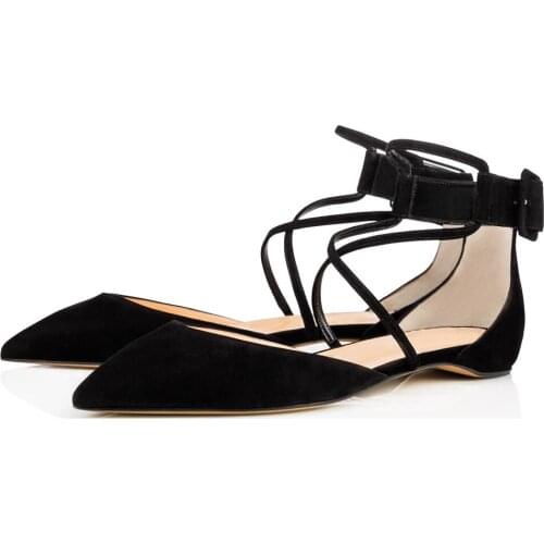 Womens Flats Shoes Flat Bottom Buckle Single Shoe One Foot Large Size 34-46 Solid Color Genuine Leather Ankle Strap Sandals