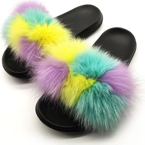 Summer New Design Gingham Fox Fur Slippers Womens Fashion Mixed-colors Real Furry Slides Light Comfort Fluffy Home Flip Flops