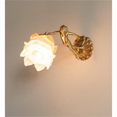 Nordic Retro Crystal Copper Angel Wall Lamp Living Room Background Luxury Lighting Bedroom Study Hotel Corridor Villa Wall Light