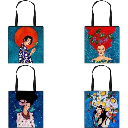 Retro European Painting Abstract Flowers Girl Handbag Women Portable Ladies Bags Fashion Large Capacity Shopping Bag Gift