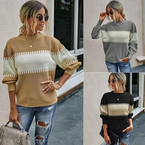 Streetwear Contrast Long Sleeve Knitted Comfortable Womens Sweater Autumn Winter High Collar Pullover Sweater Loose Casual Tops