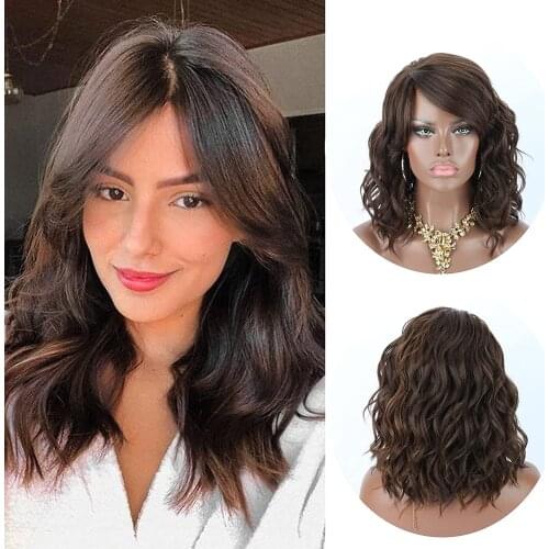 Uenel 12" Black Wigs for Black Women Short Curly Wavy Synthetic Wigs with Bangs Side Parting Natural Heat Resistant Hair Wigs