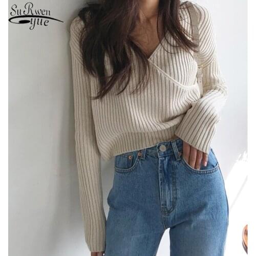 Stripe Knitted Sweaters 2021 Autumn and Winter Women Sweater Korean Cross-Shoulder V-neck Thicken Casual Pullover Sweater 10527