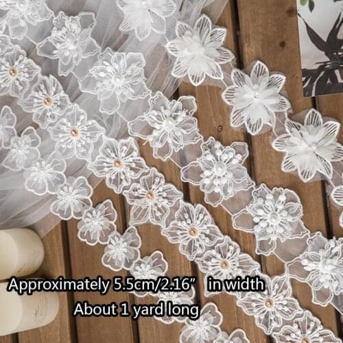 1 Yard White Bead Embroidered Flower Embroidered Lace Trim Applique Trimming Ribbon Sewing Craft Handmade