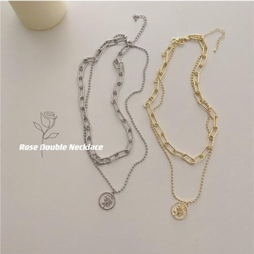 South Korea Retro Geometry Rose Necklace Double Metal Wind Flowers Necklace European And American Fashion Tide Pendant Necklace