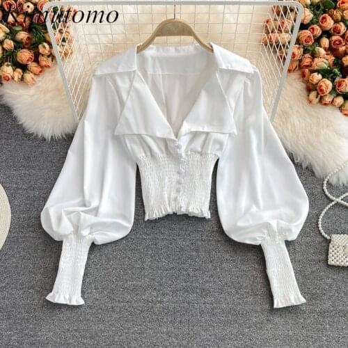 Kimutomo French Retro Blouse Women Early Autumn 2021 Female V-neck Lantern Sleeve Slim Waist Short Shirt Solid Color Elegant