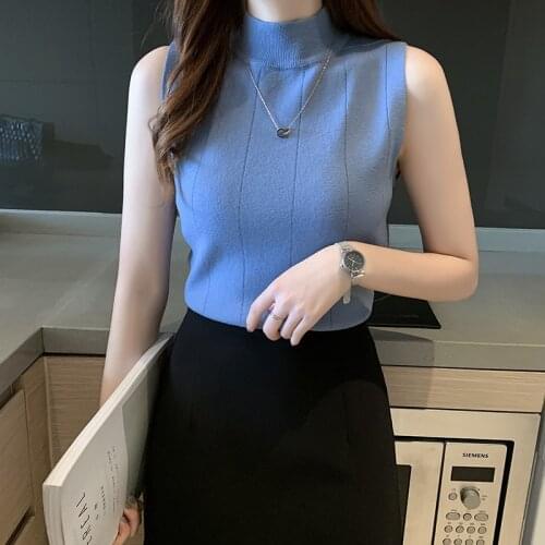 Womens T Shirt Fashion Sexy Slim Solid Bottoming Tops Casual Half Turtleneck Knitted Sleeveless T-Shirt