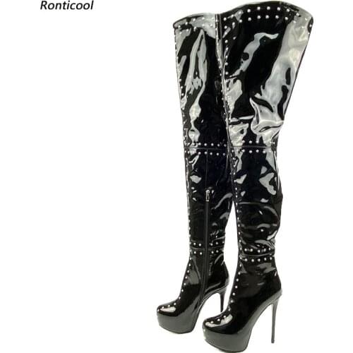 Ronticool Women Platform Thigh Boots Patent Leather Studs Stiletto Heels Round Toe Black Night Club Shoes Women Us Size 5-20