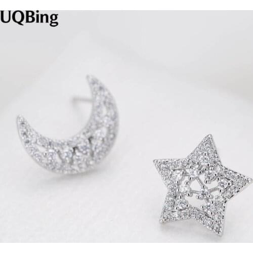 Fashion 925 Sterling Silver Full Rhinestone Crystal Star Moon Stud Earrings For Woman Jewelry Wholesale Free Shipping