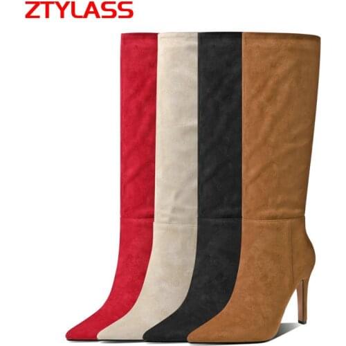 Autumn Winter New Women Knee High Boots Sexy Thin High Heel Suede Long Boots Fashion Slip On Pointed Toe Womens Shoes