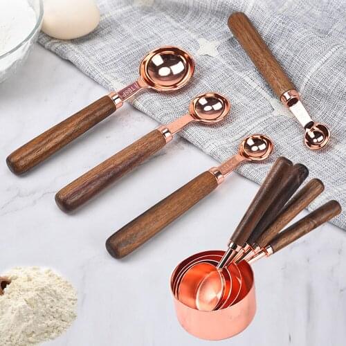 8pcs Kitchen Measuring Tool Plating Measuring Cups Spoon Measuring Spoon Scoop Walnut Wooden Handle Rose Gold Measuring Cups