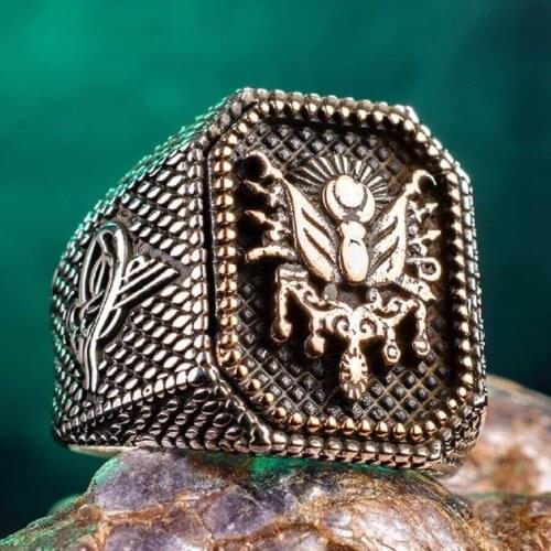 925 Sterling Silver Ottoman Crest Ring with Tughra Mens Ring Ottoman Coat of Arm Ring for Men