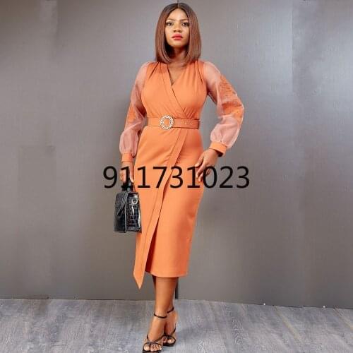 African Dresses For Women Spring Autumn Africa Clothing Long Sleeve Dress Sexy V-Neck Perspective Slim Dress Office Lady Party
