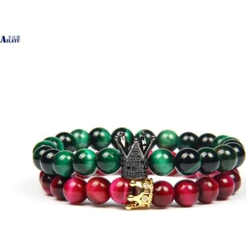 Ailatu New Couples Crown Sets Bracelet with 8mm Natural Green & Pink Tiger Eye Stone Beads