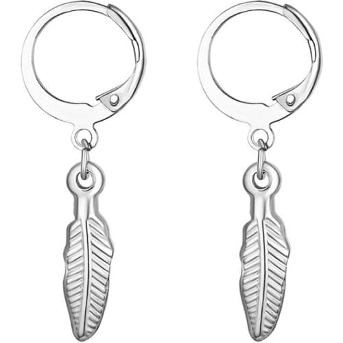 Boniskiss 2020 Vintage Feather Leaf Mens Womens Stainless Steel Huggie Hinged Earrings with Dangling Gold Silver Color