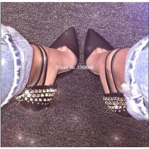 Double Buckle Rivets Studded Hollow High-heeled Sandals Sexy Pointed Toe Stiletto Black Wedding Dress Pumps Spring Autumn