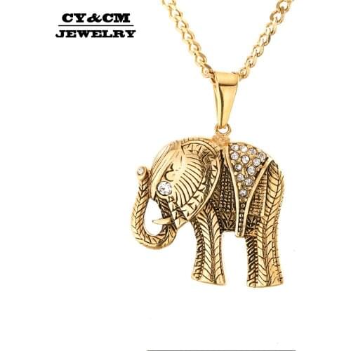 CY&CM Hip Hop Elephant Animal Pendant Gold Silver Plated Stainless Steel Trendy Rock Punk Rhinestone Necklace Men Women Jewelry