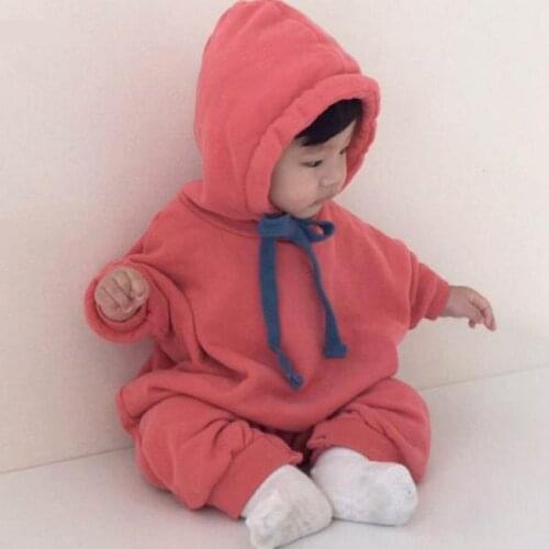 0-24M Infant Kids Thick Fleece Hooded Pink Jumpsuits 6M-24M Winter Baby Boys And Girls Warm Cotton Fashion Long Sleeve Rompers