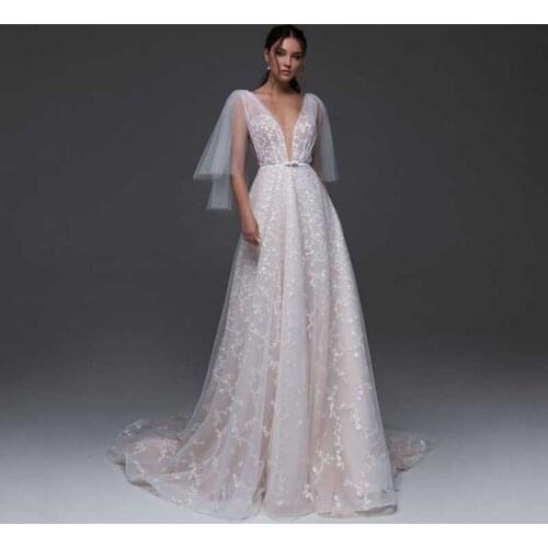 Eightree Ivory Applique Long V-neck Wedding Dress Elegant Tulle A-Line Bride Backless Beach Bridal Evening Prom Gown Custom Size