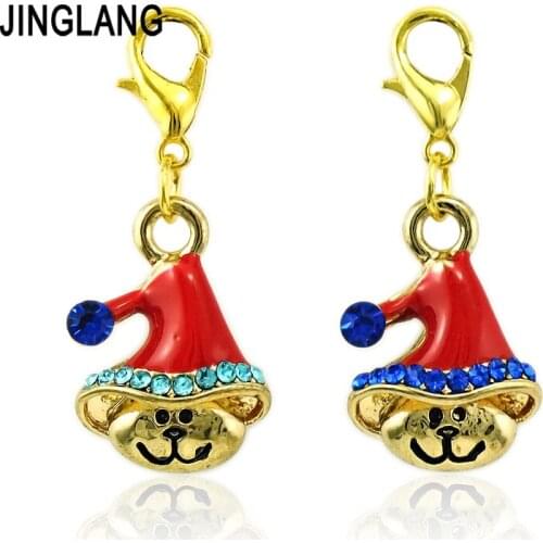 JINGLANG Gold Color Lobster Clasp Charms Rhinestone Red Enamel Christmas Hat Pendants DIY Charms For Jewelry Making Accessories