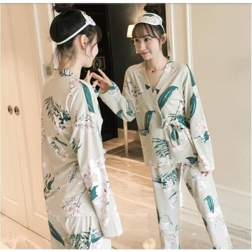 Kimono Women Pajamas Set New Cartoon Printed Long Sleeve Cute Sleepwear Casual Homewear Female Plus Size Pyjamas Night Gown